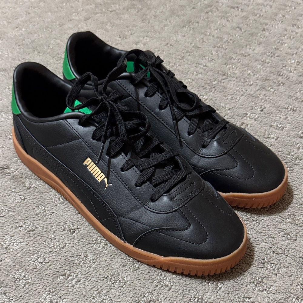 Puma Black Leather Sneakers with Green and Brown Accents